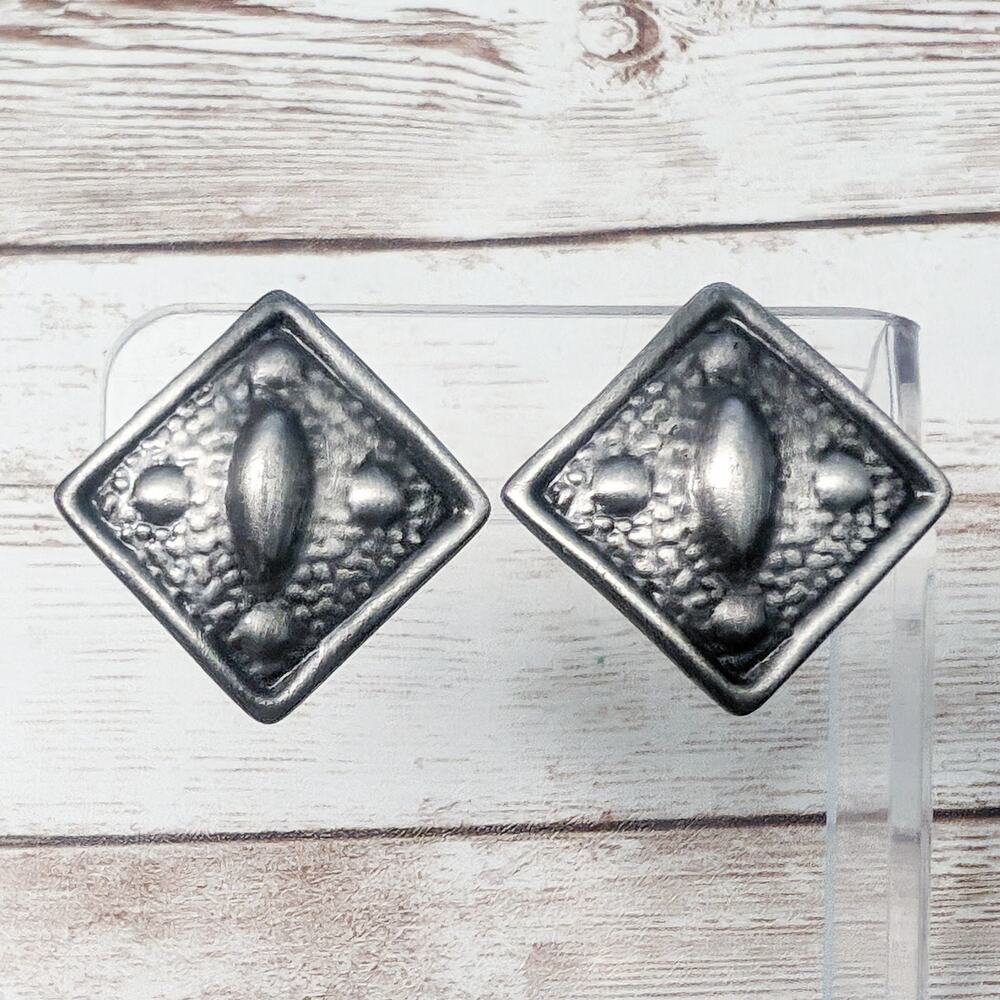 Vintage Clip On Earrings - Dark Silver Tone Diamond Shape with Design